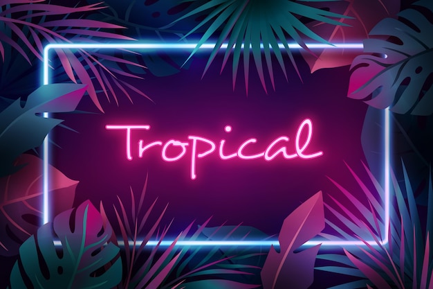 Lettering neon tropicale con foglie o fiori