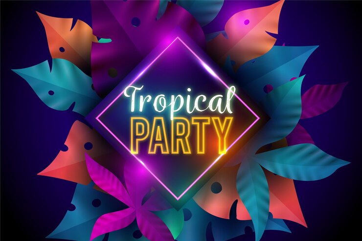 Vettore gratuito lettering neon tropicale con vegetazione