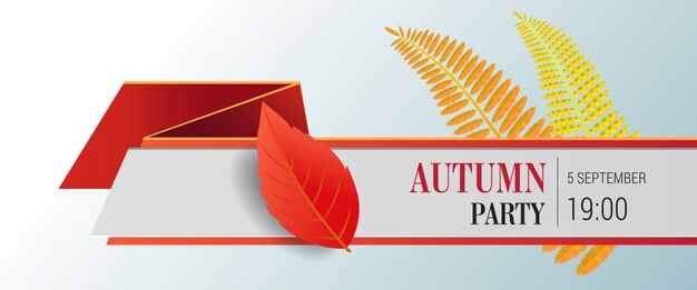 Lettering partito autunnale e foglie luminose. Offerta autunnale o pubblicità pubblicitaria