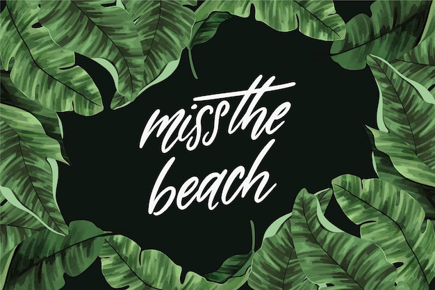 Lettering tropicale con foglie e spiaggia