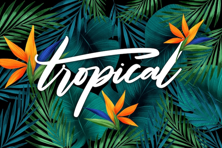 Vettore gratuito lettering tropicale con foglie o fiori
