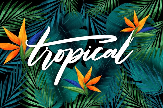 Lettering tropicale con foglie o fiori