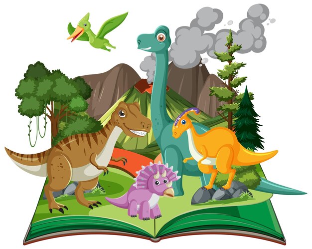 Libro aperto con dinosauro nella scena della foresta preistorica