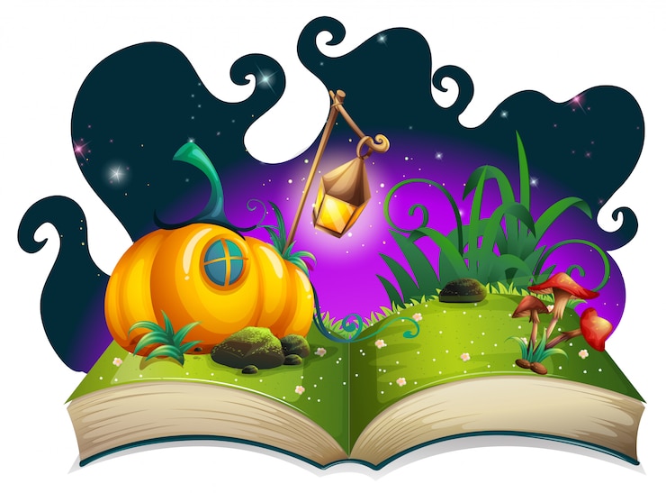 Vettore gratuito libro di fiabe con casa di zucca di notte