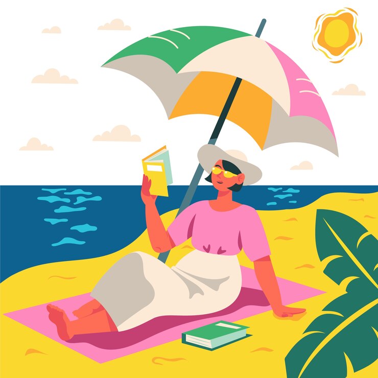 Vettore gratuito libro di lettura della donna disegnato a mano alla spiaggia