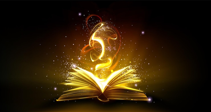 Vettore gratuito libro magico con luce dorata e stelle scintillanti