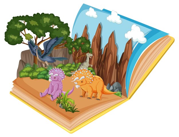 Libro pop-up con scena della natura all'aperto e dinosauro