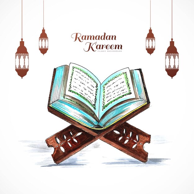 Libro sacro del Corano sul supporto con lampade arabe sfondo carta ramadan kareem
