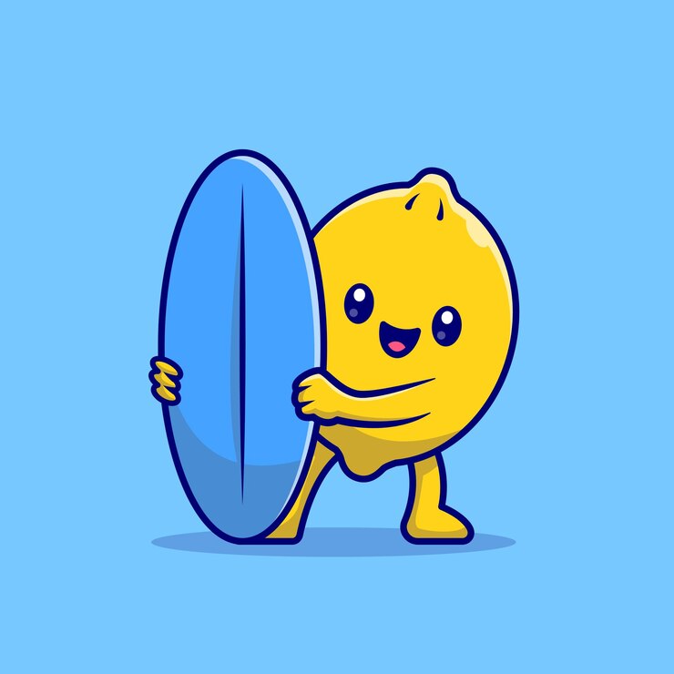 Vettore gratuito limone carino surf con tavola da surf icona del fumetto illustrazione. concetto di cibo vacanza icona isolato. stile cartone animato piatto