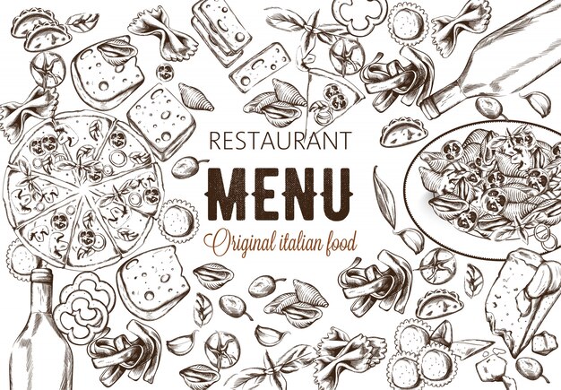Line art composizione alimentare con deliziosa pizza, pasta con pomodori