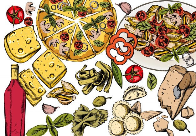 Line art composizione alimentare italiana con deliziosa pizza, pasta con pomodori, formaggio e vino rosso