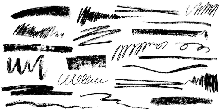 Vettore gratuito linee a matita a carbone disegnate a mano, macchie e graffi, set scribbl