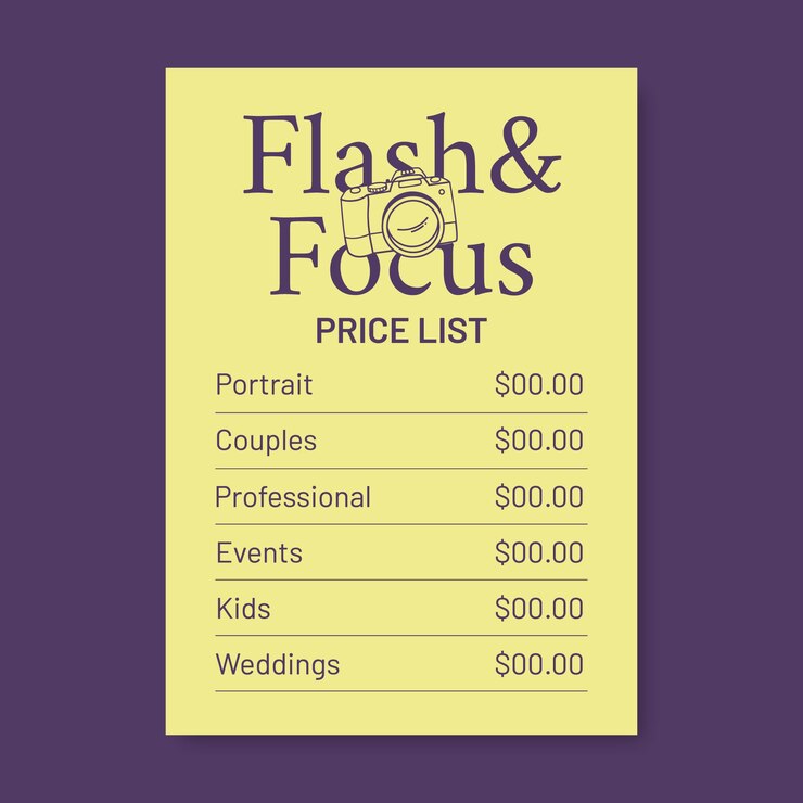 Vettore gratuito lista dei prezzi per la fotografia con flash e messa a fuoco
