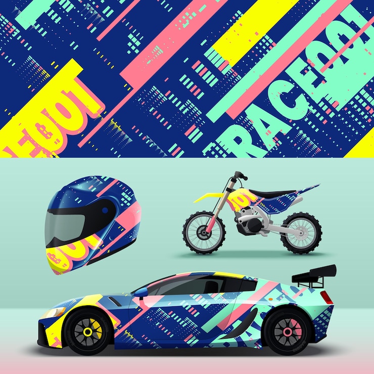 Vettore gratuito livrea di sfondo astratto colorato realistico per moto da corsa e casco isolato illustrazione vettoriale