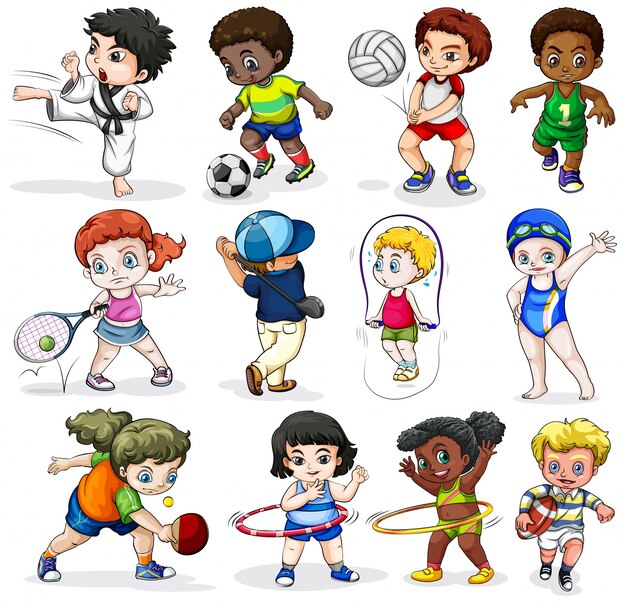 Lllustrazione dei bambini impegnati in diverse attività sportive su uno sfondo bianco