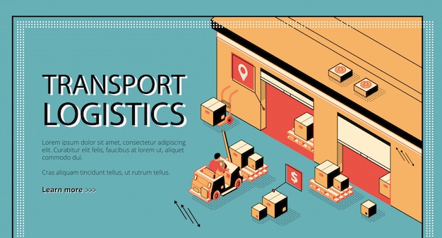 Logistica dei trasporti, servizio di consegna banner web isometrico, pagina di destinazione.