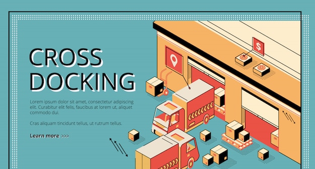 Logistica di cross docking. Camion che ricevono e spediscono merci, processo di magazzino, trasporto merci.