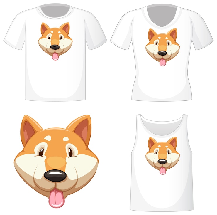 Vettore gratuito logo di cane shiba carino su diverse camicie bianche isolato su priorità bassa bianca