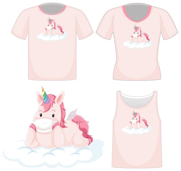 Logo di unicorno carino su diverse camicie rosa isolato su priorità bassa bianca