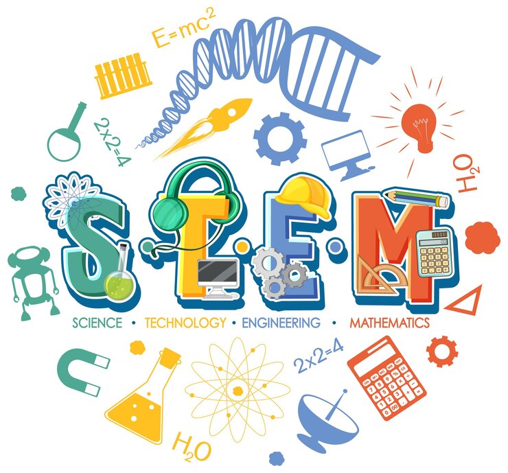 Vettore gratuito logo educativo stem con elementi di ornamento icona