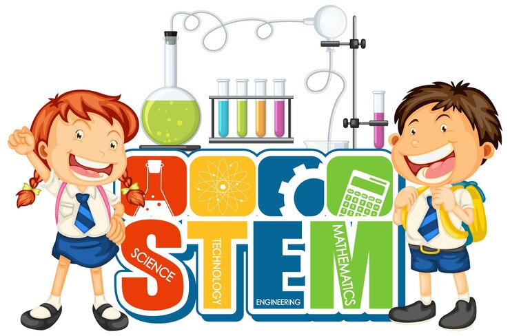 Vettore gratuito logo educativo stem con personaggio dei cartoni animati per bambini studenti