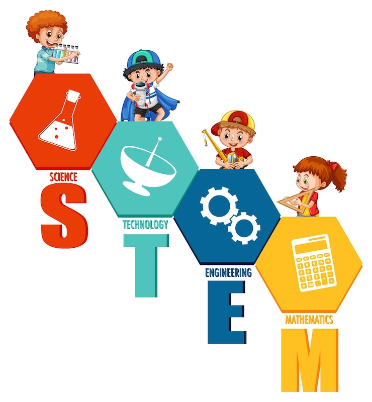 Vettore gratuito logo educativo stem con personaggio dei cartoni animati per bambini