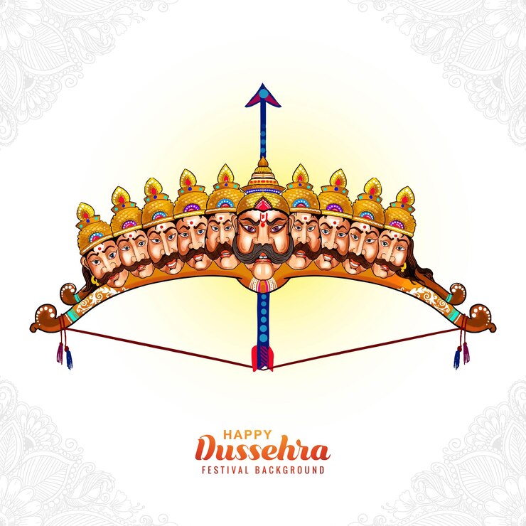 Vettore gratuito lord rama con la freccia che uccide ravana in felice sfondo dussehra