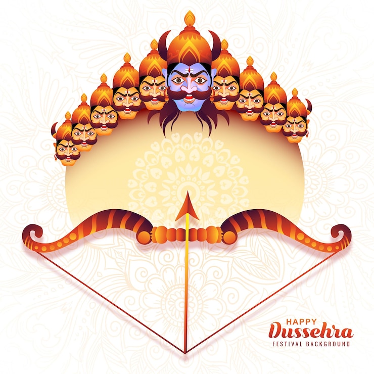 Vettore gratuito lord rama con la freccia che uccide ravana nel felice sfondo del festival di celebrazione di dussehra