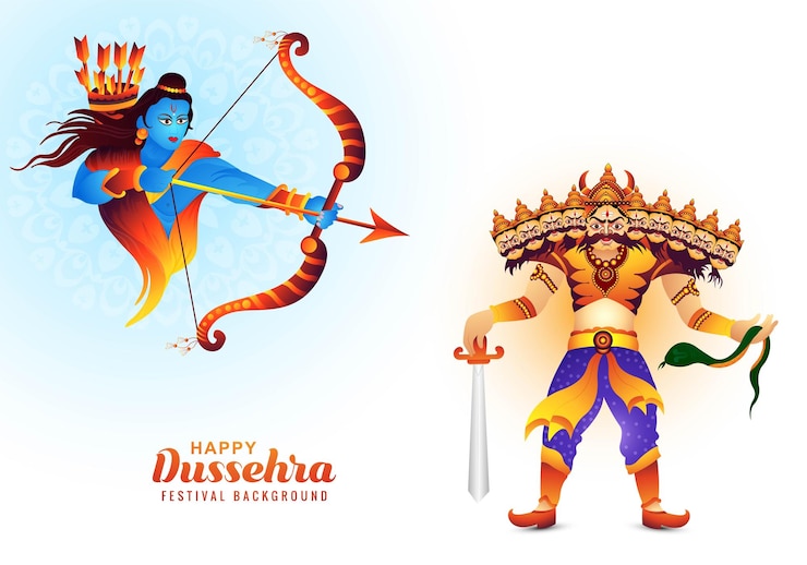 Vettore gratuito lord rama con la freccia che uccide ravana sullo sfondo della carta di celebrazione di navratri