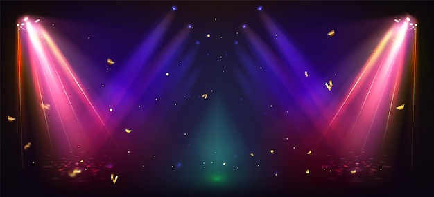 Luce del palco del concerto e confetti su nero