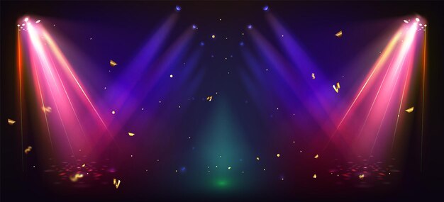 Luce del palco del concerto e confetti su nero