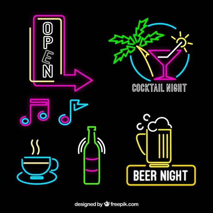 Vettore gratuito luci al neon decorativi cartelli con colori diversi