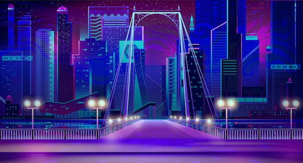 Luci al neon della città di notte, ingresso al ponte, banchina, lampade