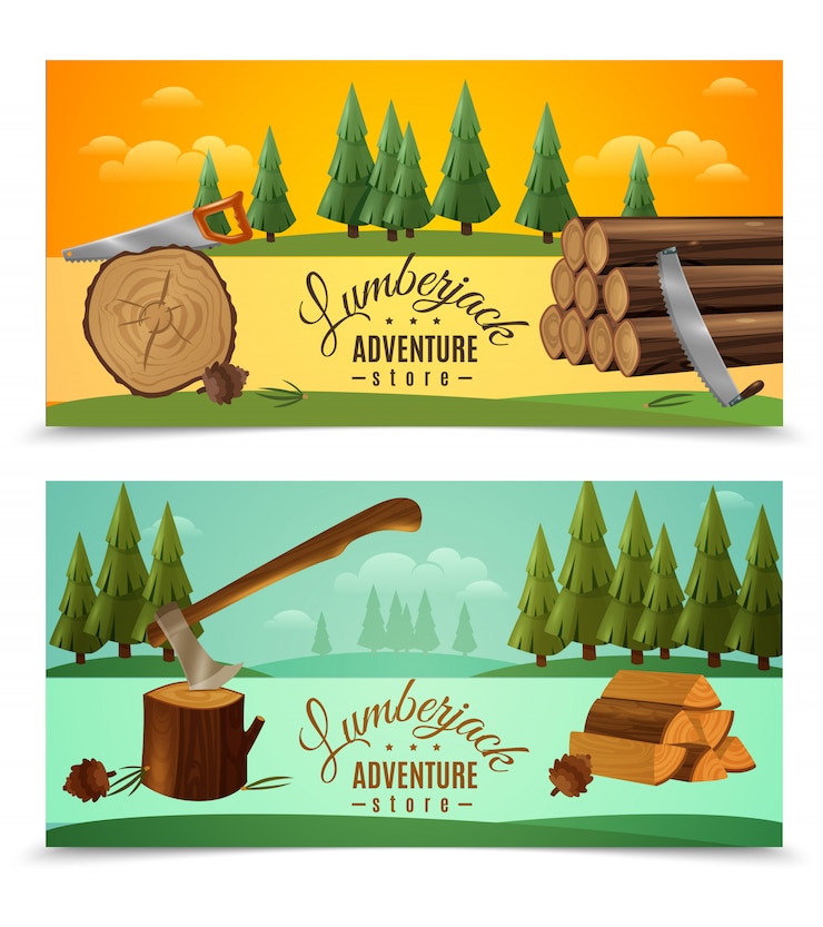 Vettore gratuito lumberjack woodcutter horizontal banners set