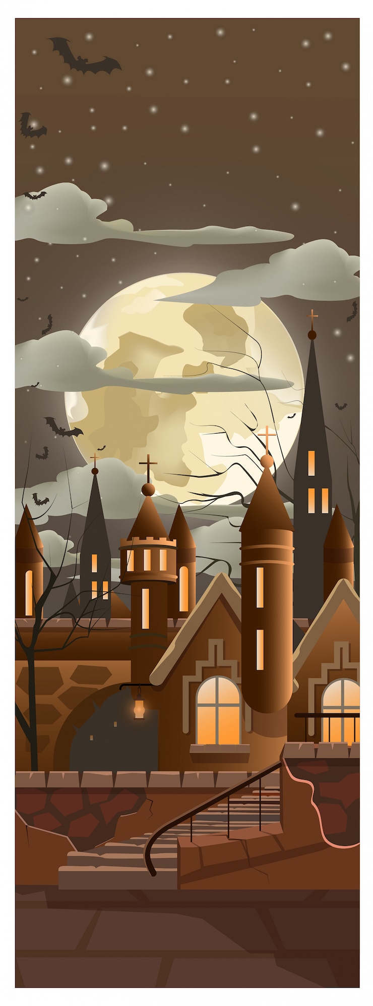 Vettore gratuito luna piena tra le nuvole scure in città illustrazione