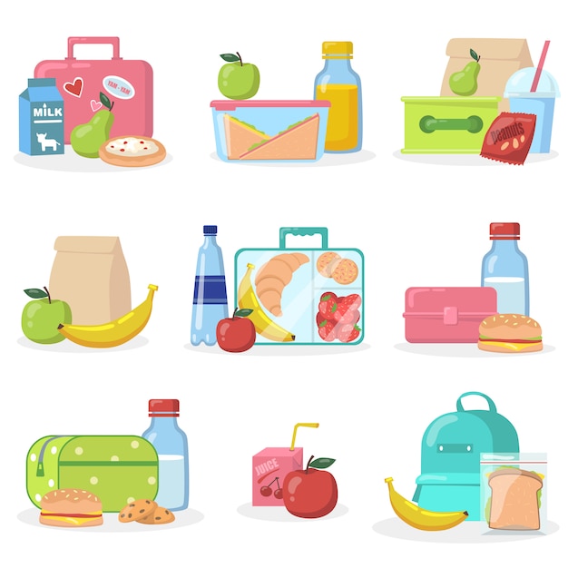 Lunchboxes scuola con set di icone piatte snack