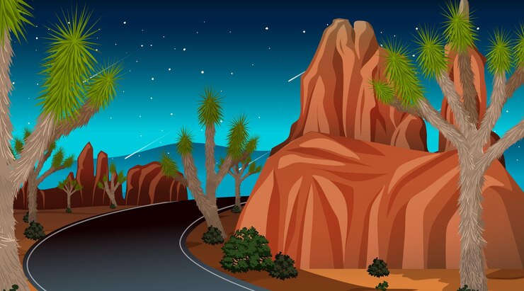 Vettore gratuito lunga strada attraverso la scena del paesaggio desertico di notte