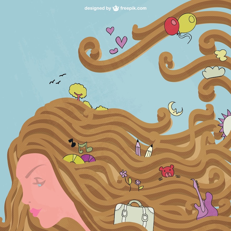 Vettore gratuito lunghi capelli con oggetti