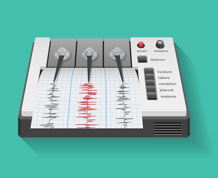 Vettore gratuito macchina sismografica con grafico dell'attività sismica e sismica. sismometro dello strumento, grafico di tecnologia, illustrazione di vettore