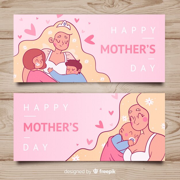 Madre disegnata a mano con i suoi bambini banner festa della mamma