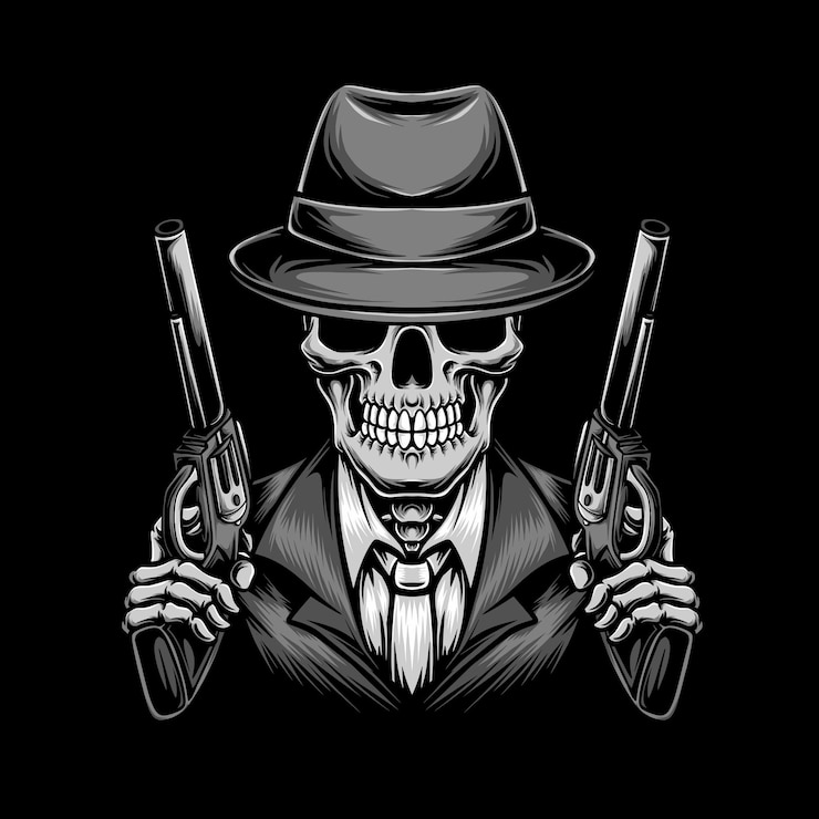 Vettore gratuito mafia del cranio che tiene il vettore della doppia pistola