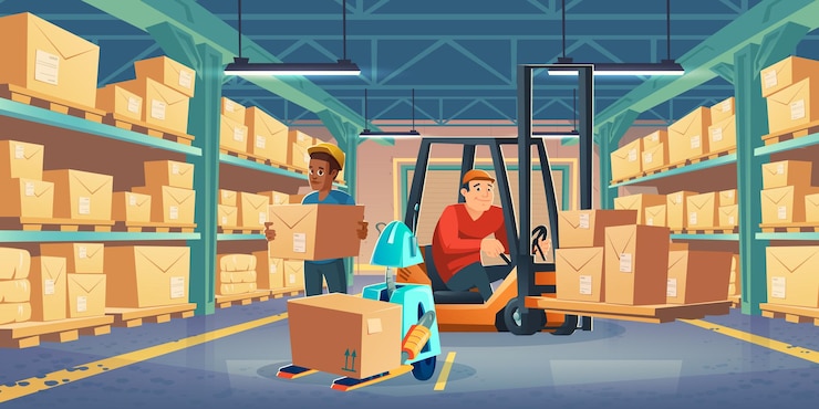 Vettore gratuito magazzino con lavoratore in carrello elevatore, uomo e robot che tengono scatole di cartone. illustrazione del fumetto vettoriale dell'interno del magazzino con merci su scaffalature metalliche, carrello elevatore con autista e robot autonomo