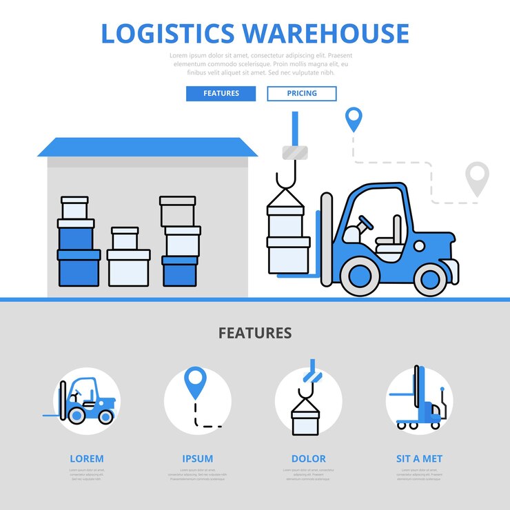 Vettore gratuito magazzino logistico consegna stoccaggio caricamento servizio caratteristica concetto linea piatta stile.