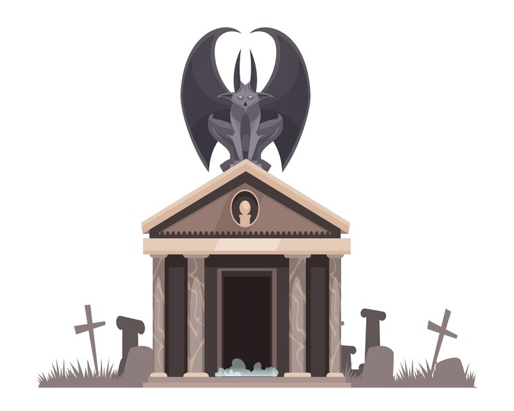 Vettore gratuito malvagità scura con le ali spiegate che si siedono sul tetto della cripta del cimitero vicino alle tombe con l'illustrazione del fumetto degli incroci