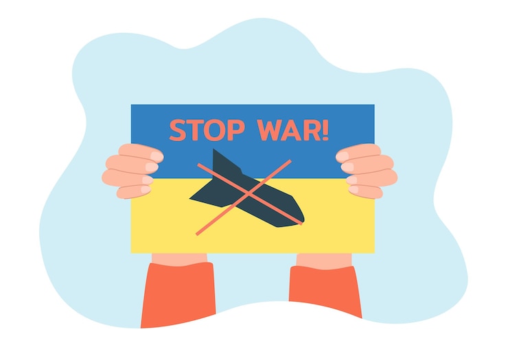 Vettore gratuito mani che tengono la bandiera ucraina, fermare il messaggio di guerra, croce sul missile. le persone protestano contro il conflitto in ucraina piatta illustrazione vettoriale. concetto di pace per banner, progettazione di siti web o pagina web di destinazione