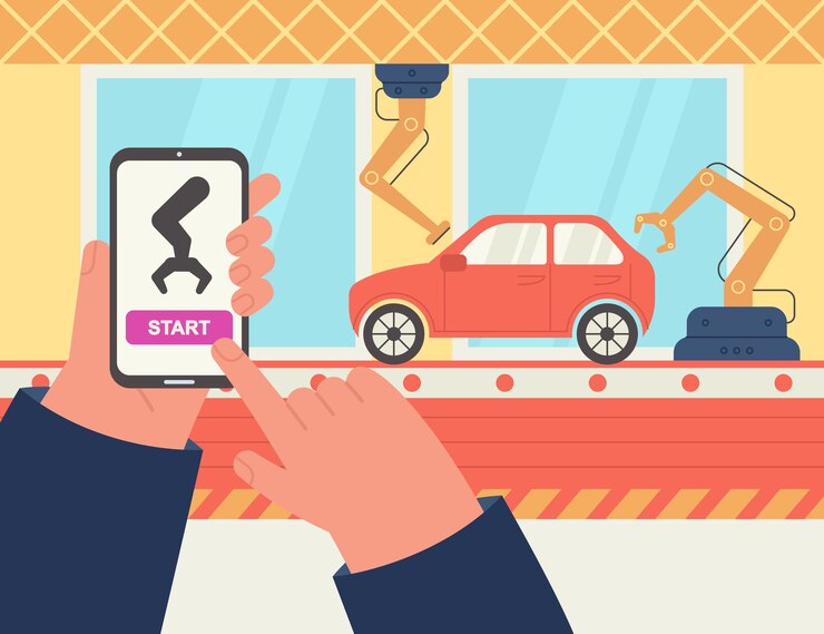 Vettore gratuito mani dell'operatore di produzione che controllano il processo tramite smartphone. ingegnere che utilizza l'app per la gestione wireless dell'illustrazione vettoriale piatta della produzione di automobili. tecnologia, concetto di industria automobilistica