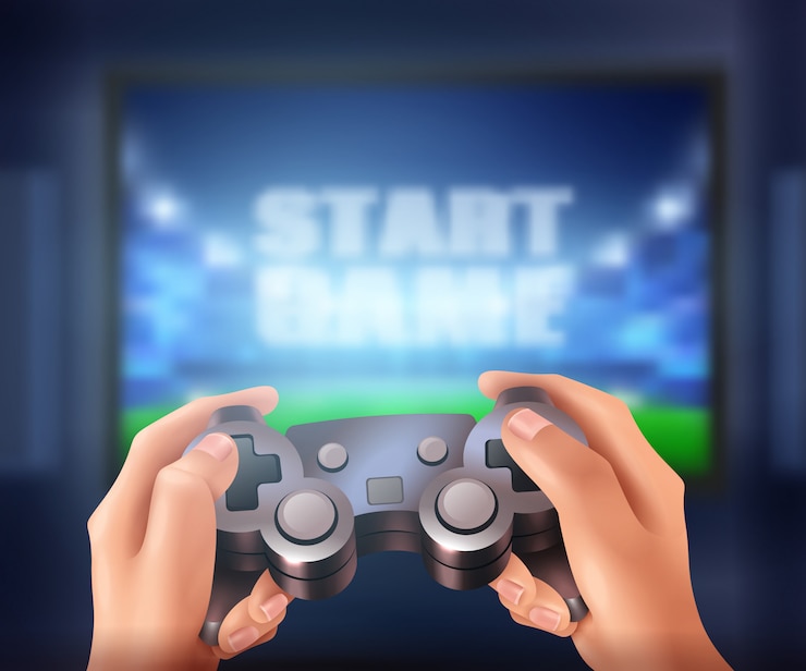 Vettore gratuito mani umane in possesso di controller e avvio videogioco sul grande schermo realistico