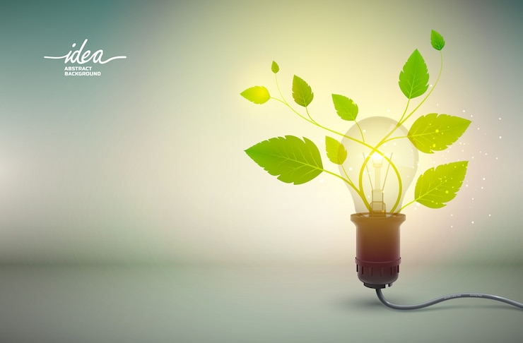 Vettore gratuito manifesto astratto di idea lampadina gialla con apparecchiature elettriche e fiore verde che cresce dal potere