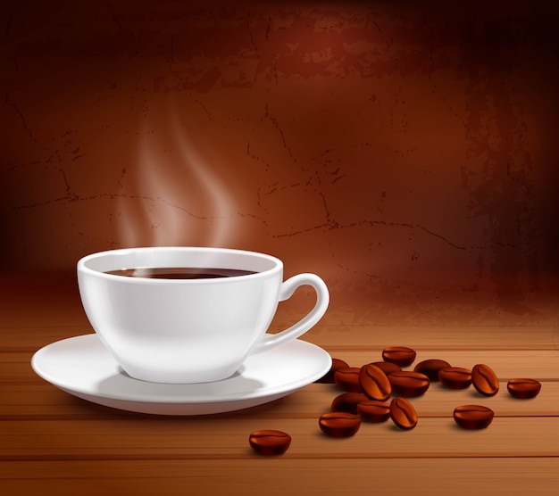 Manifesto del caffè con la tazza di porcellana bianca realistico su priorità bassa strutturata