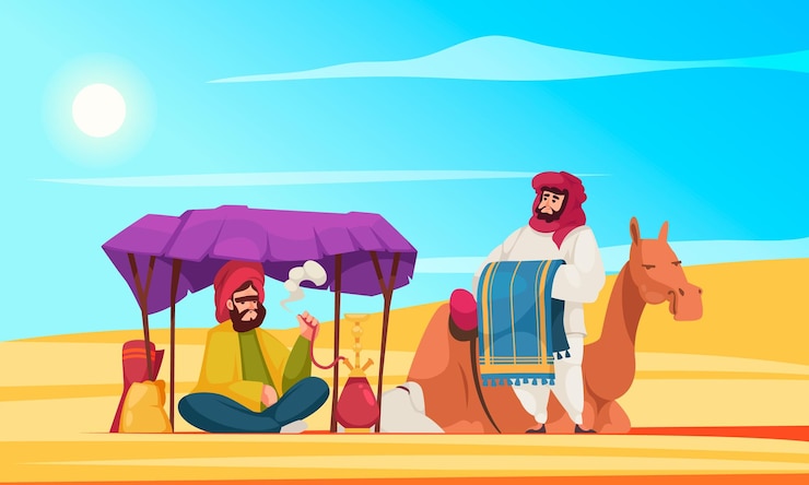 Vettore gratuito manifesto del fumetto del deserto con persone in abiti arabi tradizionali e illustrazione vettoriale di cammello